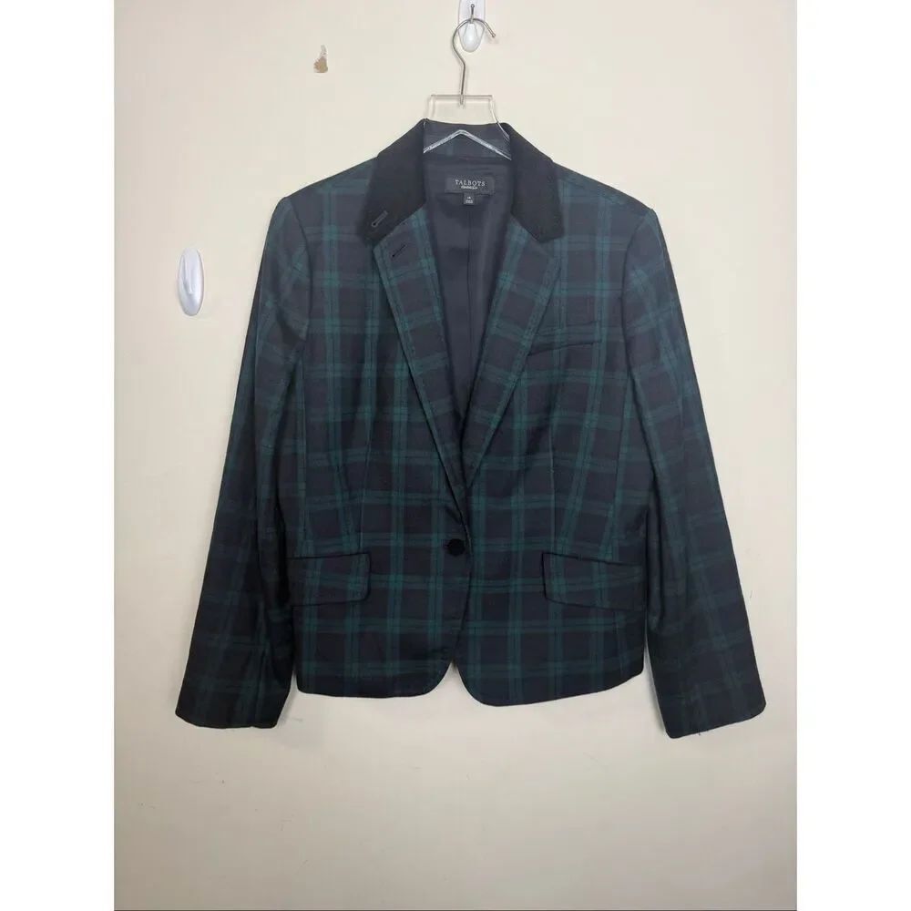 Talbots Blue Green Plaid Wool Blazer Jacket Size 14 Workwear Business Casual Cla